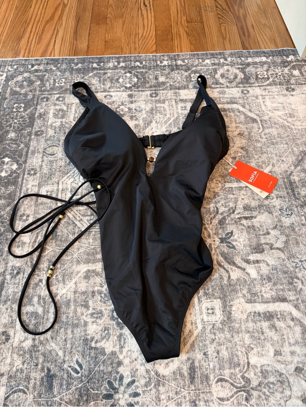 sofia by sofia vergara Black Plunge One-Piece Swimsuit with Side Tie